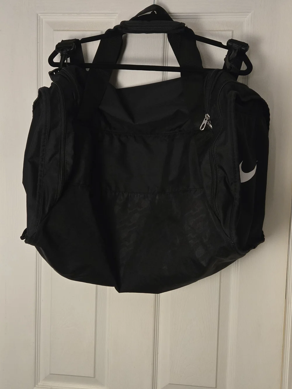 Nike Black Duffel Bag with White Swoosh and Logo